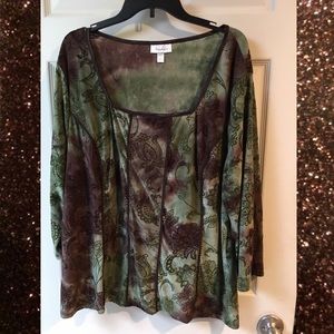3X Dressbarn green and brown long sleeve blouse